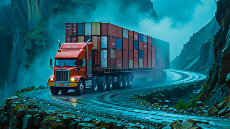 Unbelievable maneuver and skilled heavy equipment truck driver on dangerous road